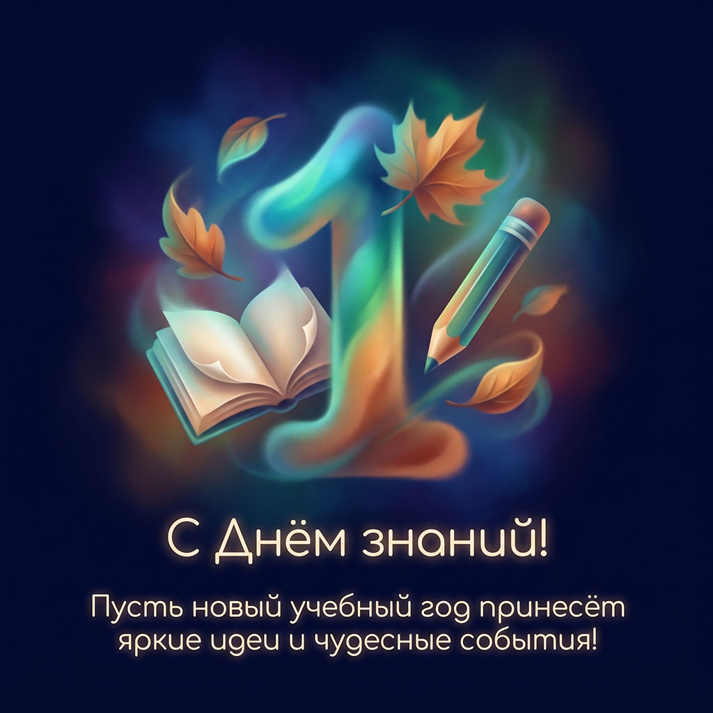 Открытка для школьника с текстом: "С Днем знаний! Пусть новый учебный год принесет яркие идеи и чудесные события!"