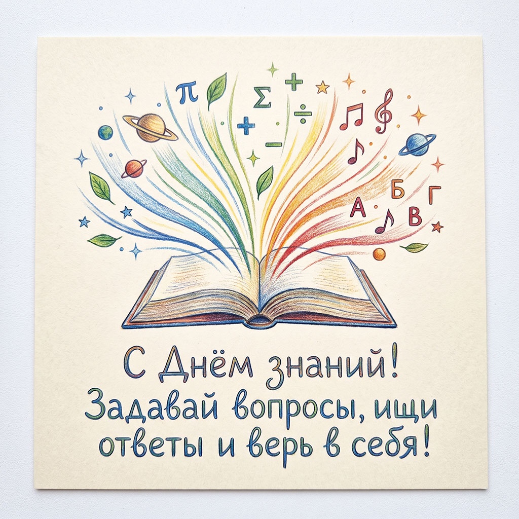 Открытка для школьника с книгой, лучами и текстом: "С Днем знаний! Задавай вопросы, ищи ответы и верь в себя!"
