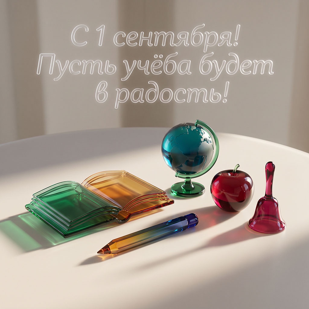 Открытка с глобусом, яблоком и карандашом из цветного стекла с текстом: "С 1 сентября! Пусть учеба будет в радость!"