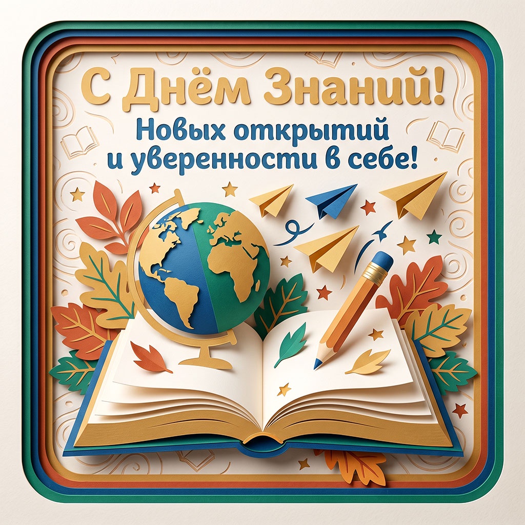 Открытка в стиле объемной аппликации, с книгой, глобусом и текстом: "С Днем Знаний! Новых открытий и уверенности в себе!"