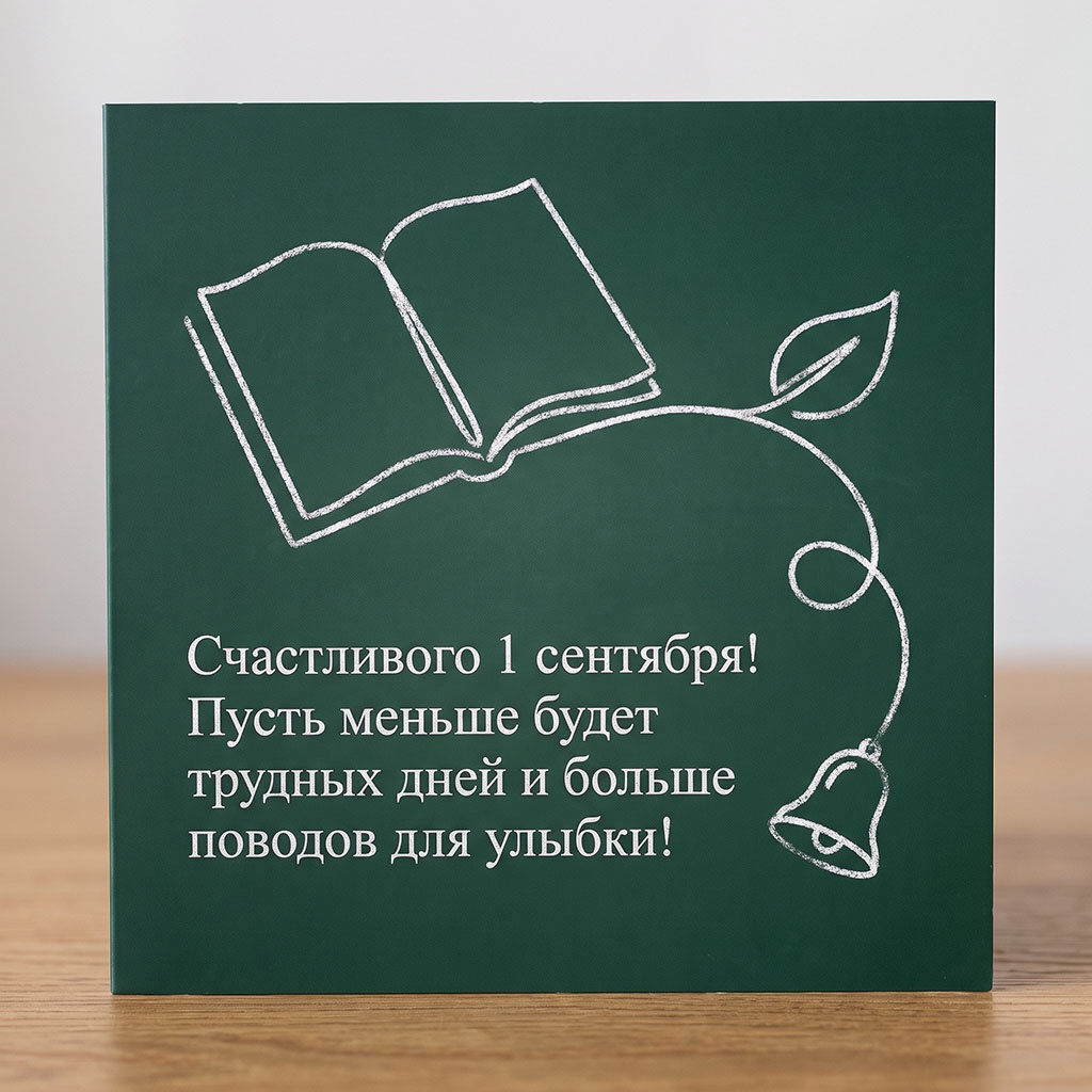 Открытка с контурным рисунком мелом и текстом: "Счастливого 1 сентября! Пусть меньше будет трудных дней и больше поводов для улыбок!" для учителя