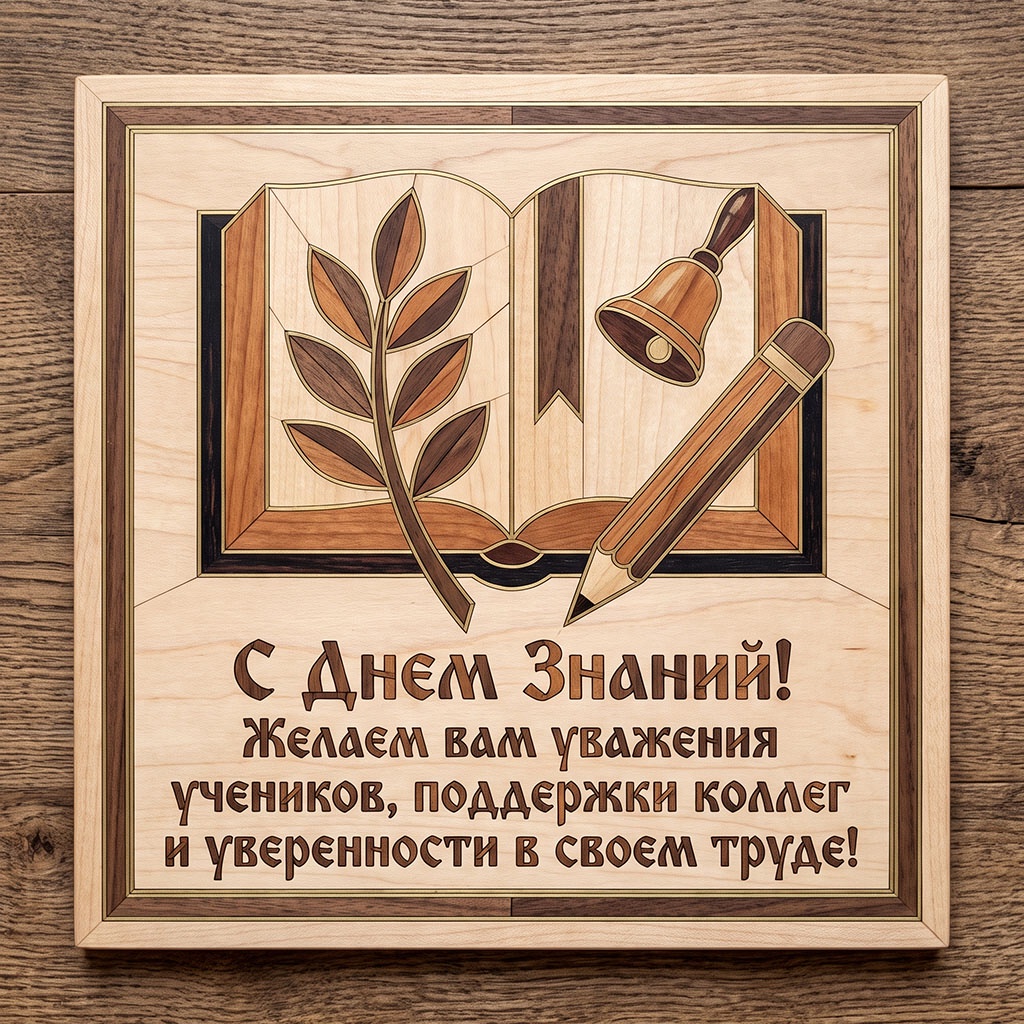 Открытка из деревянных элементов с текстом: "С Днем знаний! Желаем вам уважения учеников, поддержки коллег и уверенности в своем труде!"