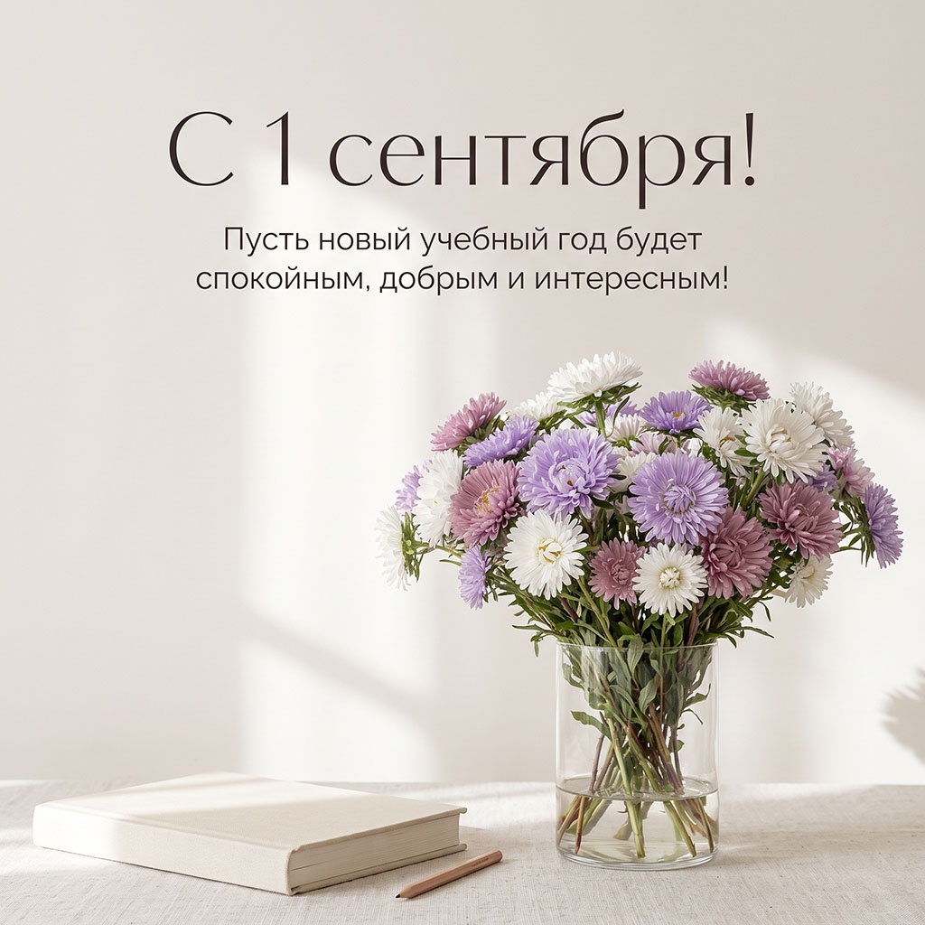 Открытка с букетом хризантем и текстом: "С 1 сентября! Пусть новый учебный год будет спокойным, добрым и интересным!" для учителя