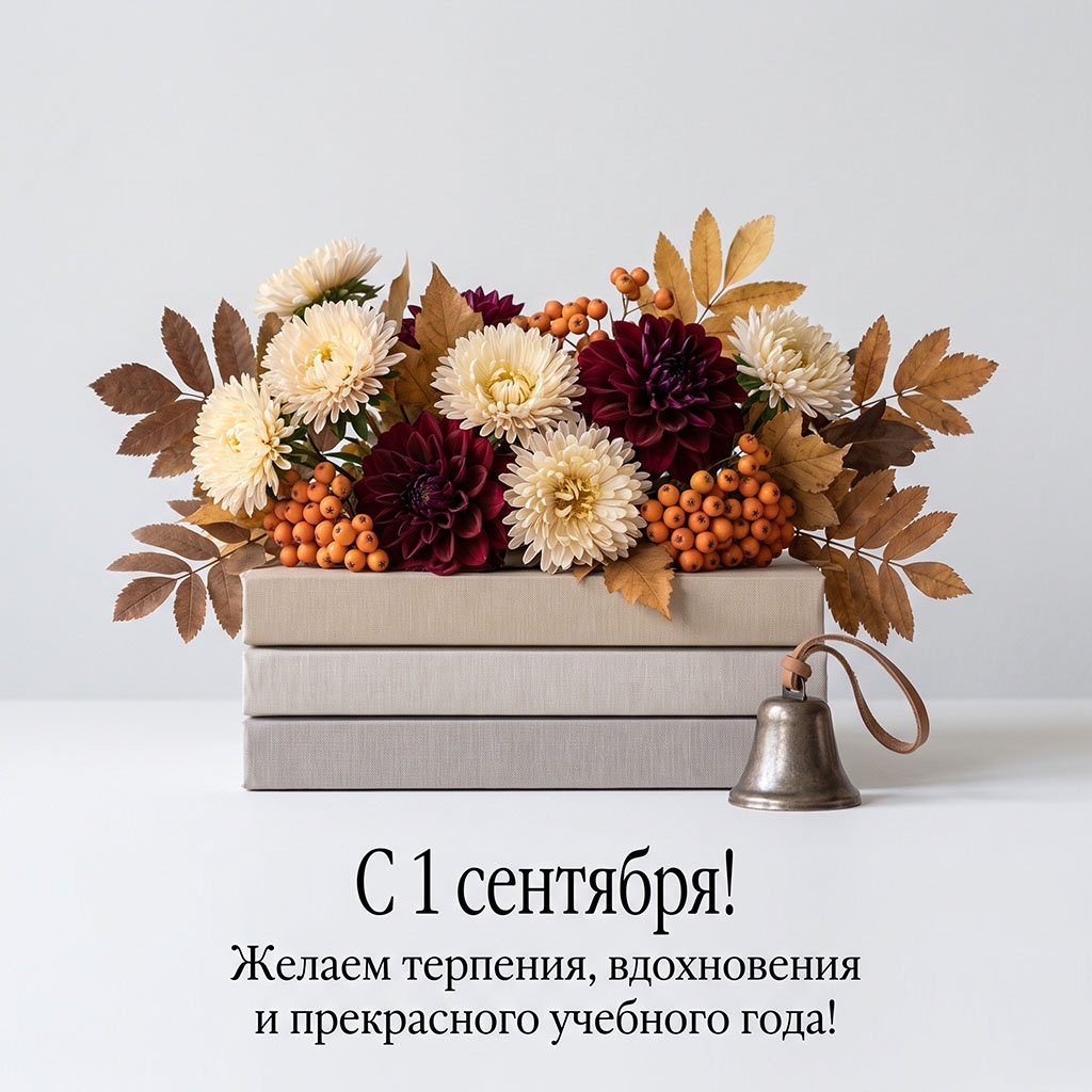 Открытка с гербарием из веток рябины и багровых хризантем с текстом: "С 1 сентября! Желаем терпения, вдохновения и прекрасного учебного года!"
