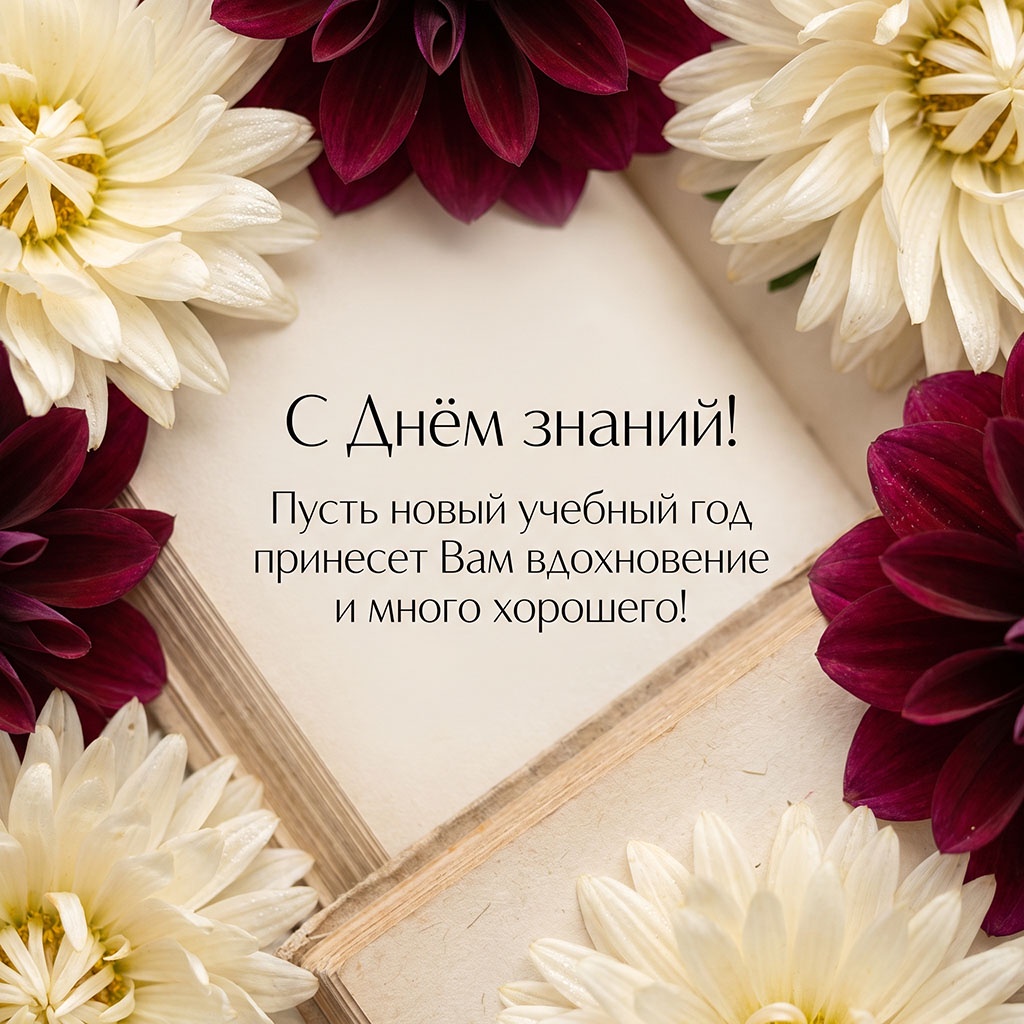 Открытка с цветами и текстом: "С Днем знаний! Пусть новый учебный год принесет вам вдохновение и много хорошего!"