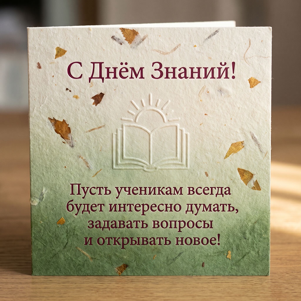 Открытка из плотного картона с текстом: "С Днем Знаний! Пусть ученикам всегда будет интересно думать, задавать вопросы и открывать новое!" для учителя