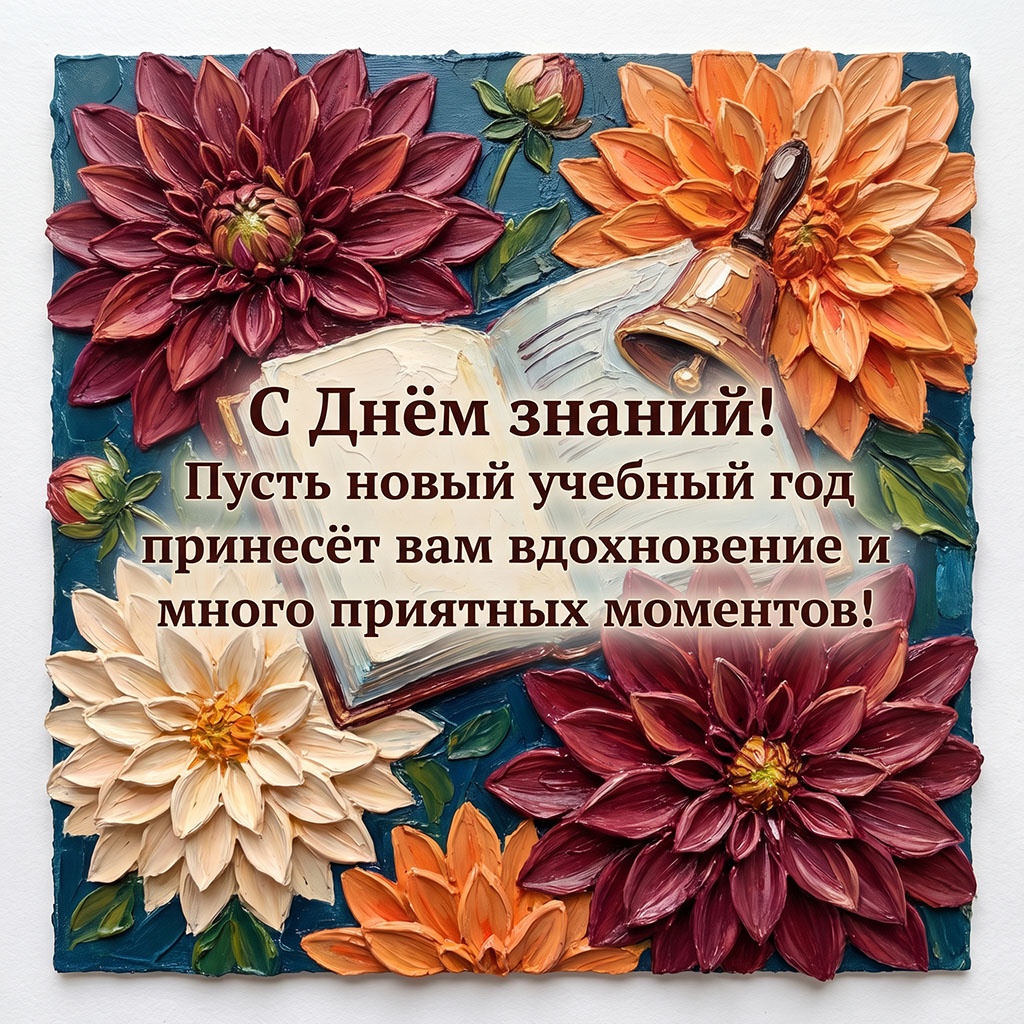 Открытка-картина в технике объемного рисования масляными красками и текстом: "С Днем знаний! Пусть новый учебный год принесет вам вдохновение и много приятных моментов!"