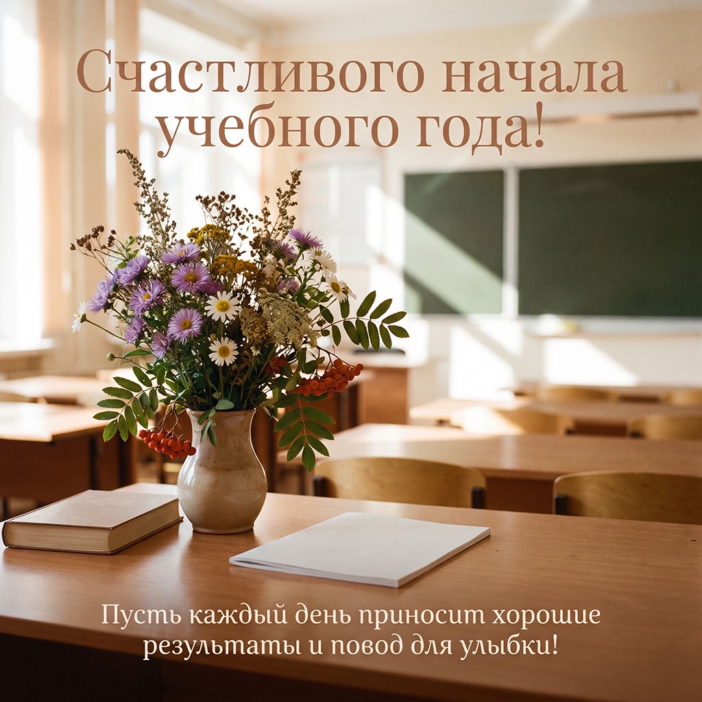Открытка с букетом полевых цветов, школьной доской и текстом: "Счастливого начала учебного года! Пусть каждый день приносит хорошие результаты и повод для улыбки!"