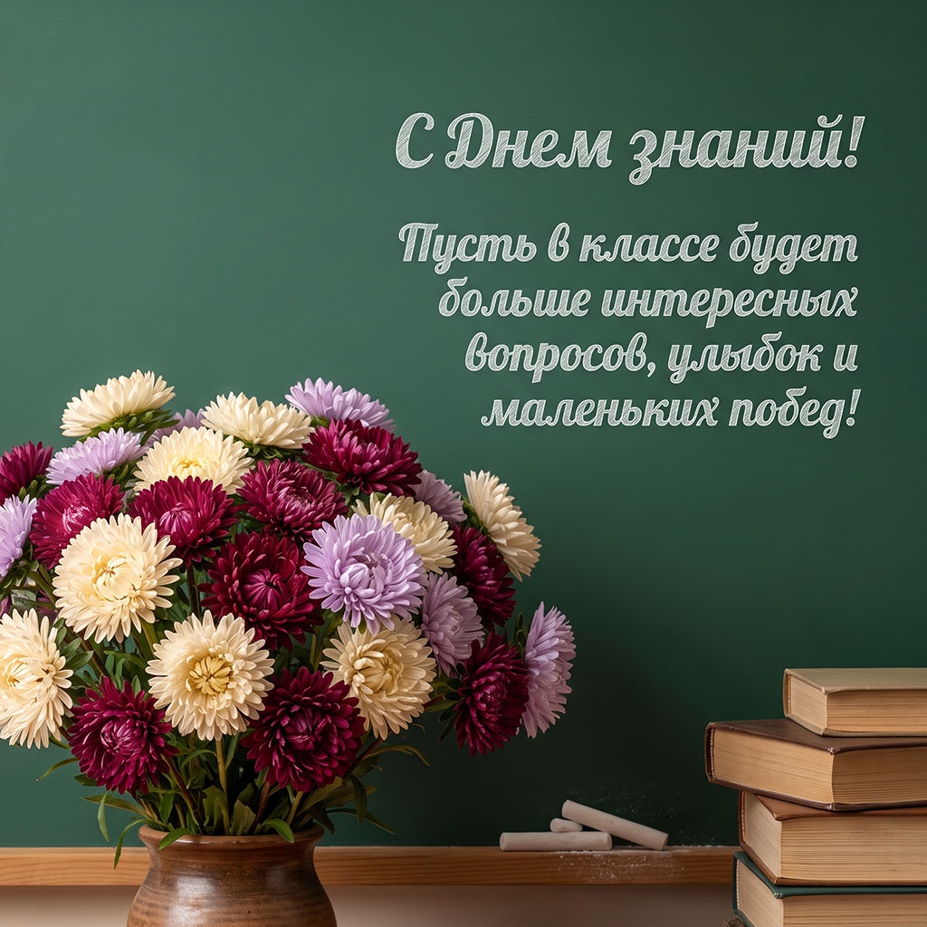 Открытка с хризантемами на фоне школьной доски и текстом: "С Днем знаний! Пусть в классе будет больше интереса, радости, улыбок и маленьких побед!"