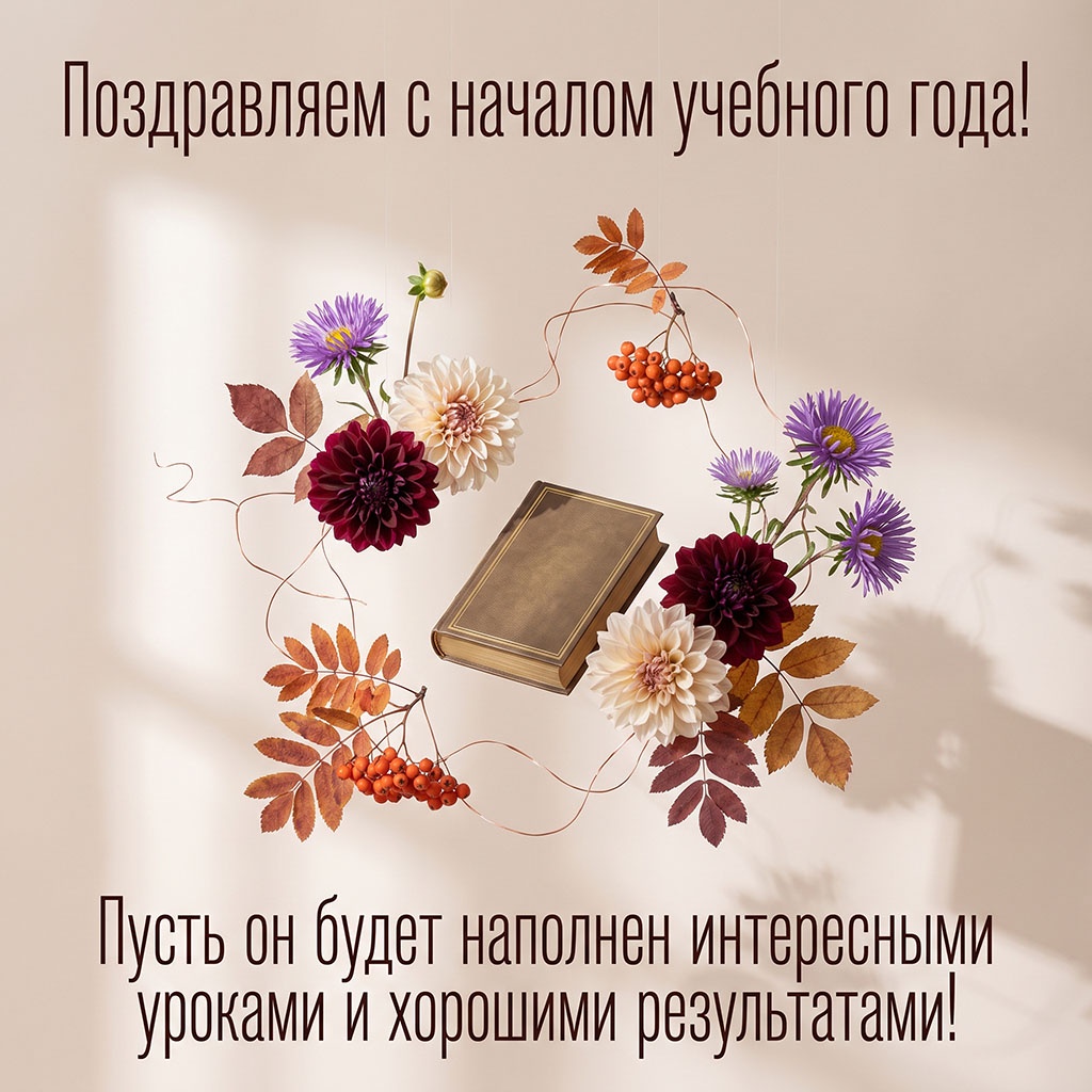 Открытка в стиле минимализма с книгой, сухими листьями и текстом: "Поздравляем с началом учебного года! Пусть он будет наполнен интересными уроками и хорошими результатами!"