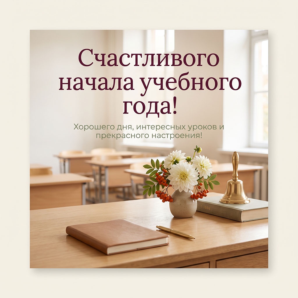 Открытка с позолоченным колокольчиком на парте и текстом: "Счастливого начала учебного года! Хорошего дня, интересных уроков и прекрасного настроения!"