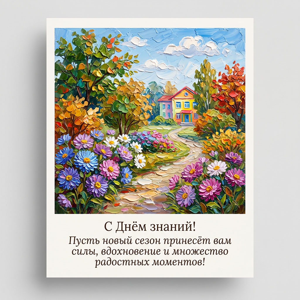 Открытка масляными красками со школой у леса и текстом: "С Днем знаний! Пусть новый сезон принесет вам силы, вдохновение и множество радостных моментов!"