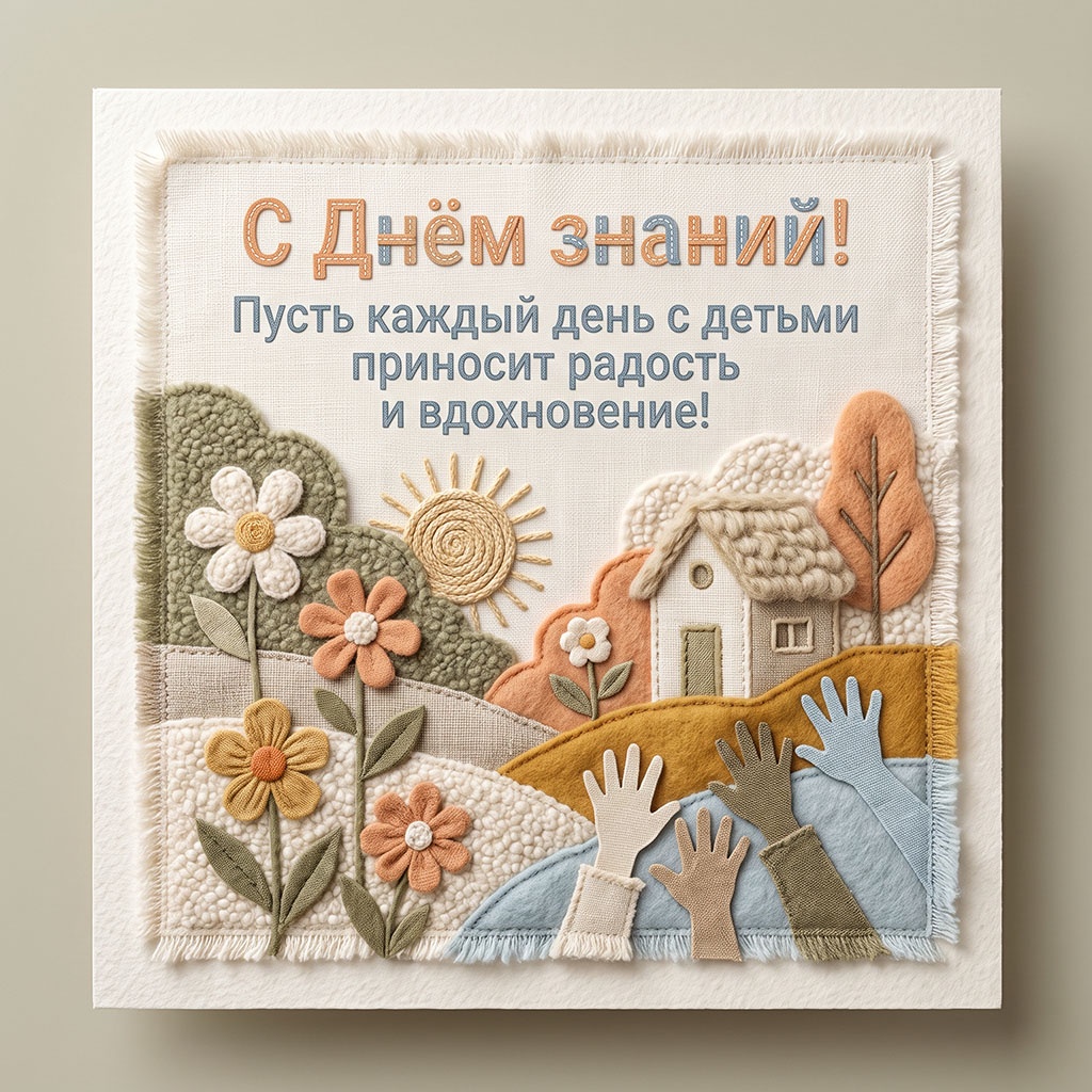 Тканевая открытка с домиком, ромашками и текстом: "С Днем знаний! Пусть каждый день с детьми приносит радость и вдохновение!"