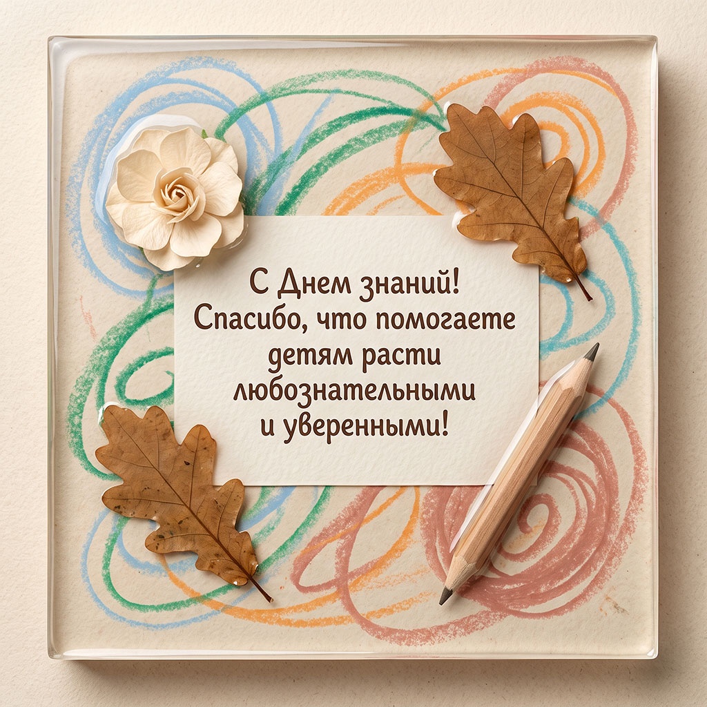 Открытка с настоящими сухими листьями дуба и текстом: "С Днем знаний! Спасибо, что помогаете детям расти любознательными и уверенными!"