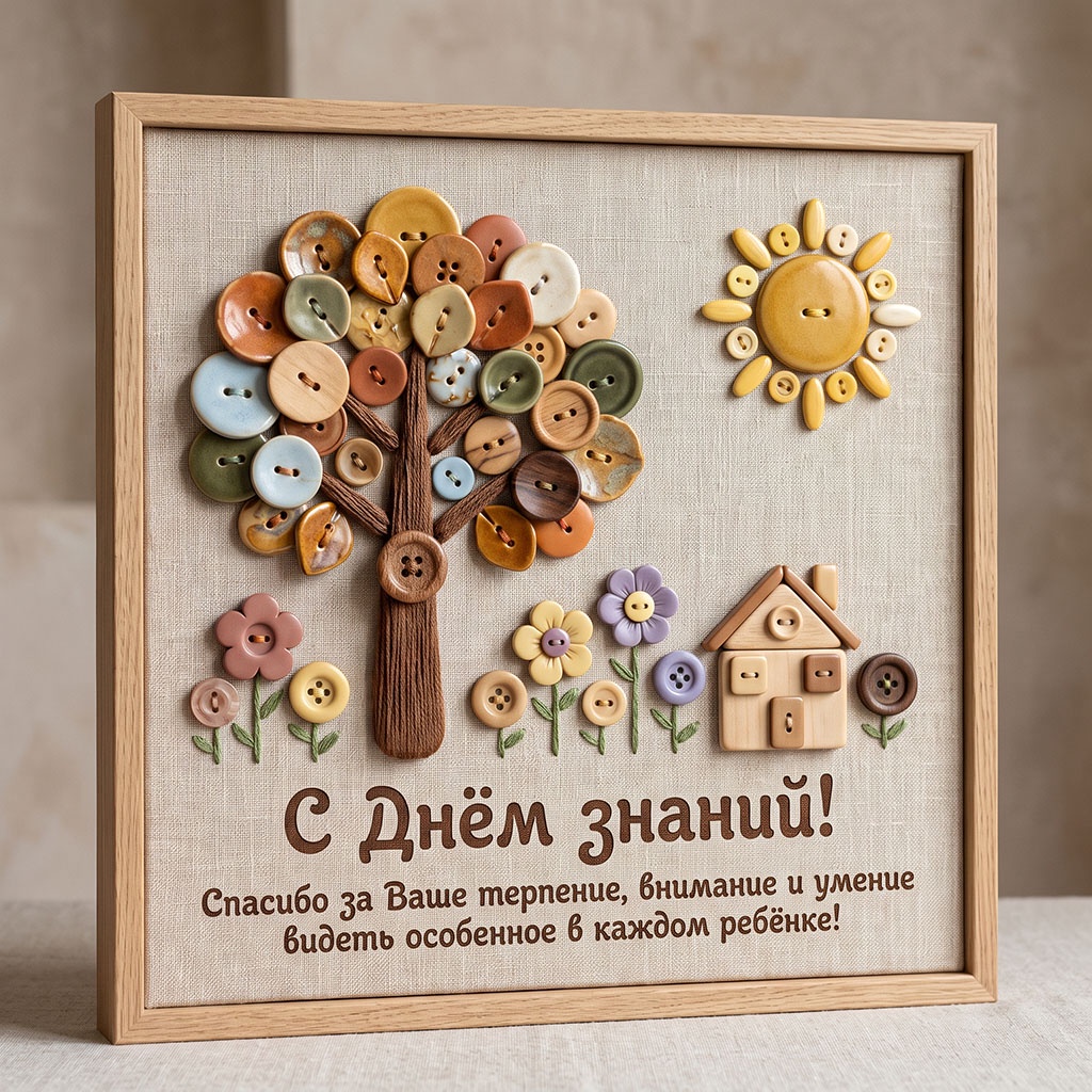 Аппликация из пуговиц в виде дерева на открытке с текстом: "С днем знаний! Спасибо за Ваше терпение, внимание и умение видеть особенное в каждом ребенке!"