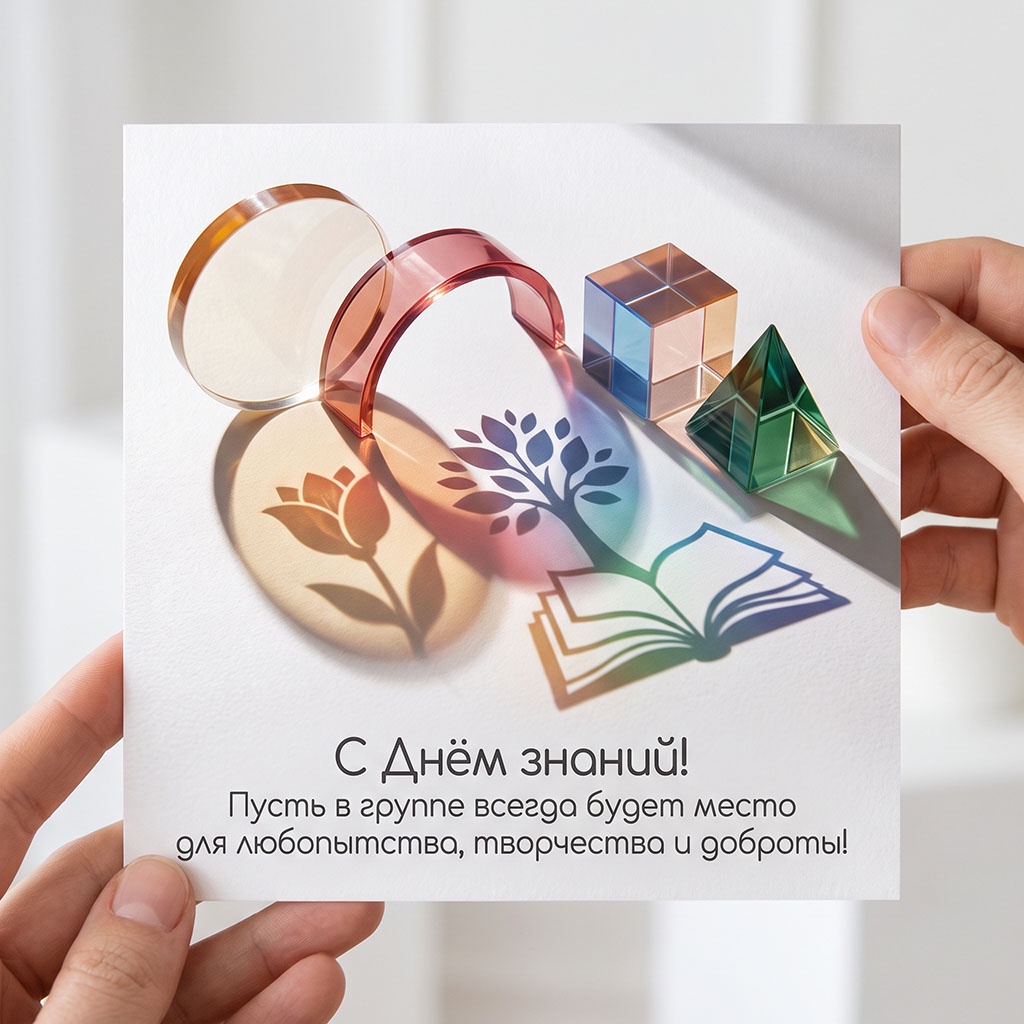 Открытка с геометрическими фигурами, игрой света и текстом: "С Днем знаний! Пусть в группе всегда будет место для любопытства, творчества и доброты!"