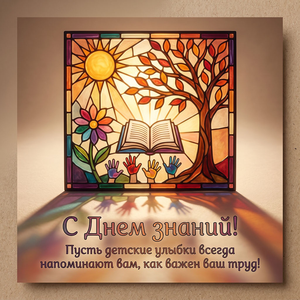 Витражная открытка с деревом, книгой и текстом: "С Днем знаний! Пусть детские улыбки всегда напоминают вам, как важен ваш труд!"