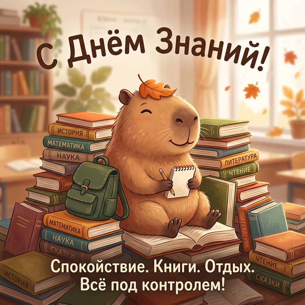 Прикольная открытка с капибарой с блокнотом, стопкой книг и текстом: "С днем Знаний! Спокойствие. Книги. Отдых. Все под контролем!"