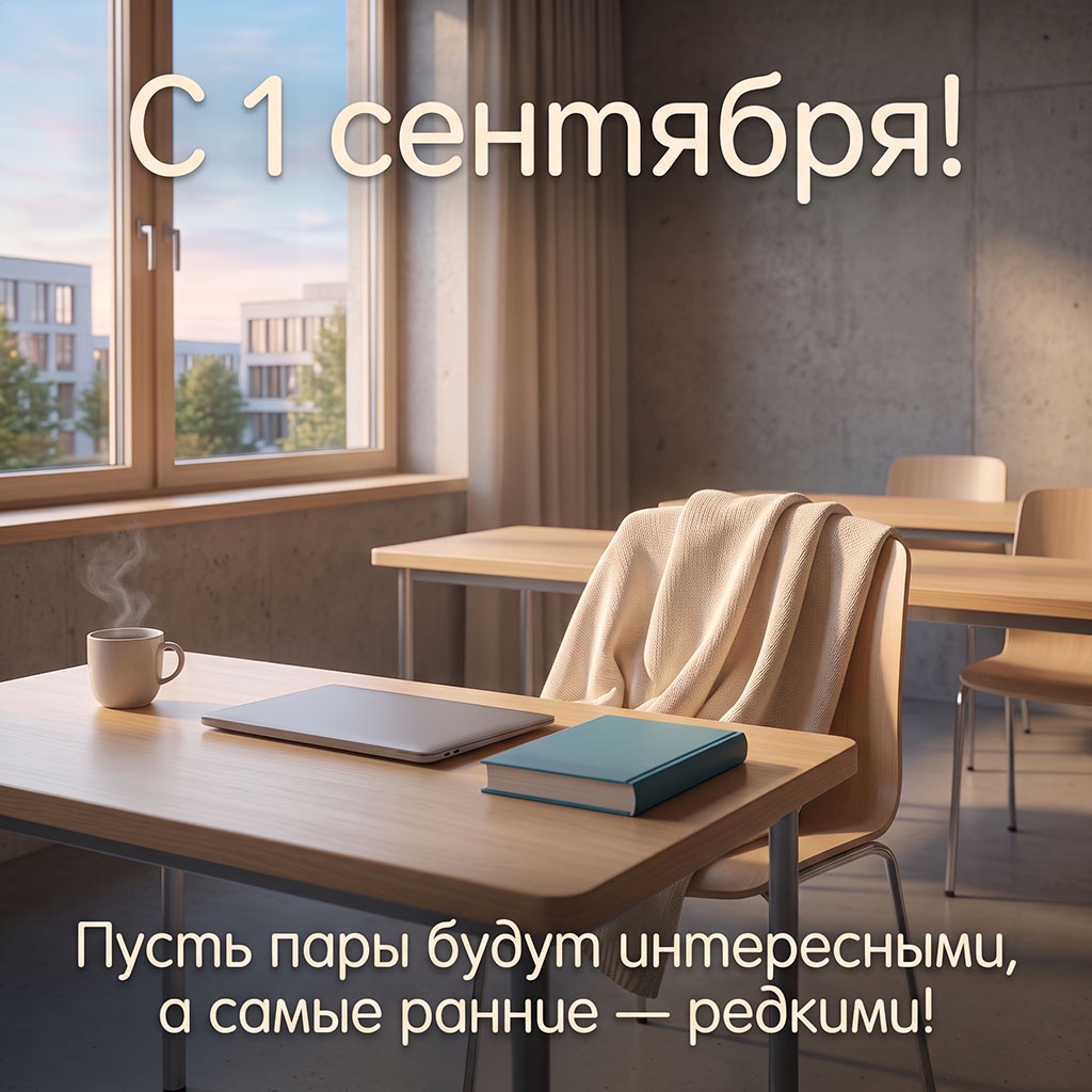 Прикольная открытка с уютным пледом на стуле, чашкой чая и текстом: "С 1 сентября! Пусть пары будут интересными, а самые ранние - редкими!"