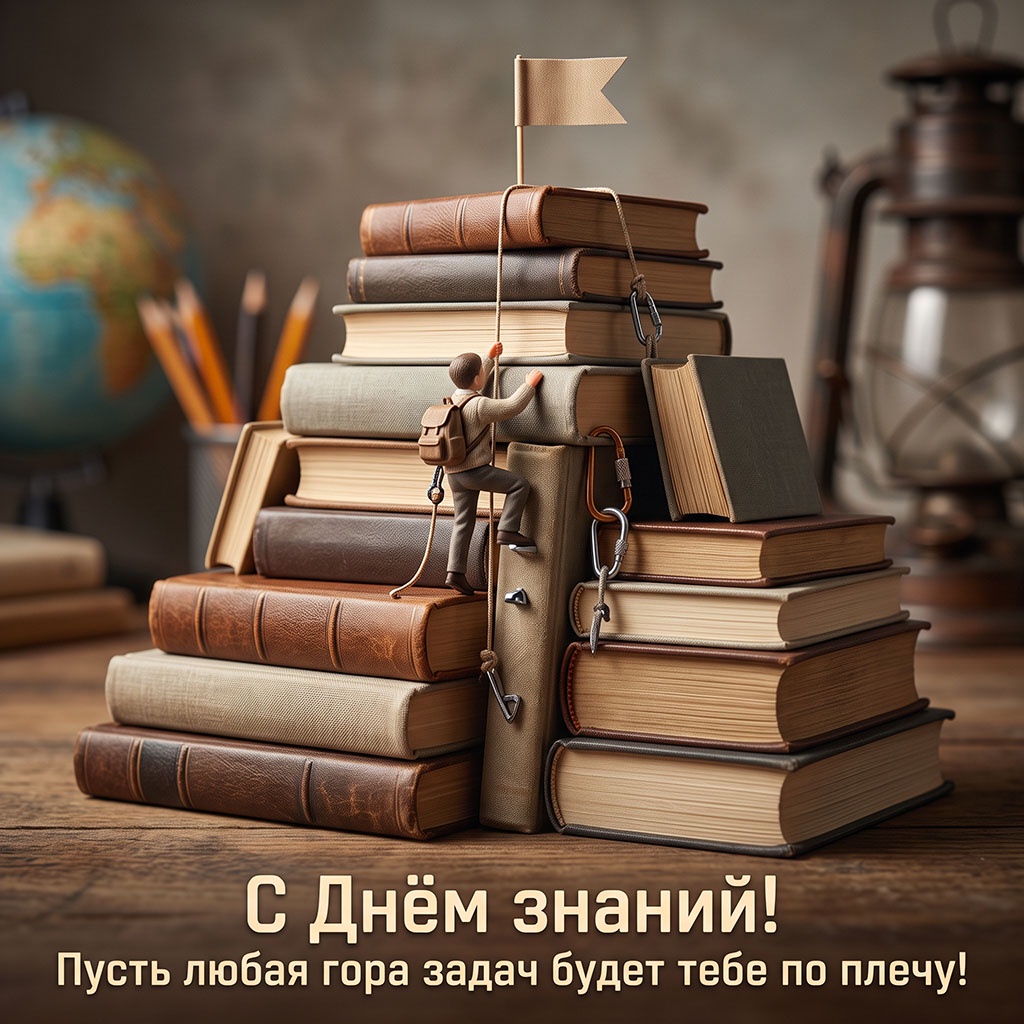 Прикольная открытка со стопкой книг, флажком на вершине и текстом: "С Днем знаний! Пусть любая гора задач будет тебе по плечу!"