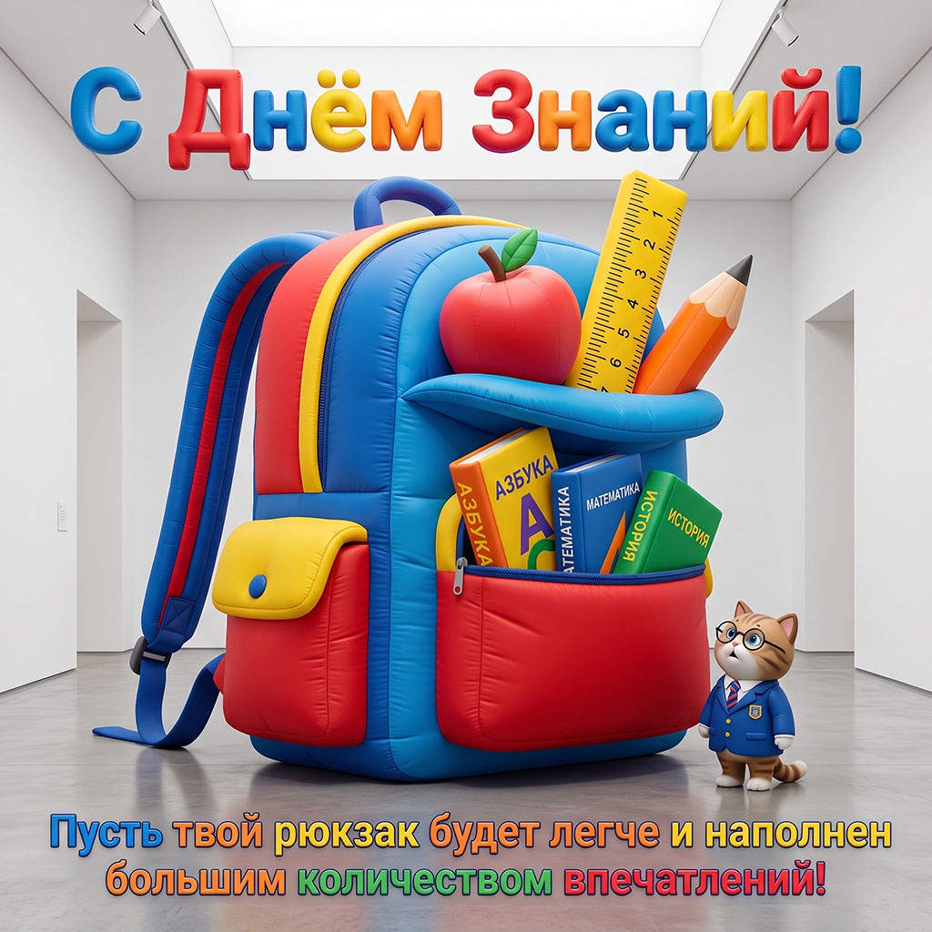 Прикольная открытка с надувным рюкзаком, котом и текстом: "С Днем Знаний! Пусть твой рюкзак будет легче и наполнен большим количеством впечатлений!"