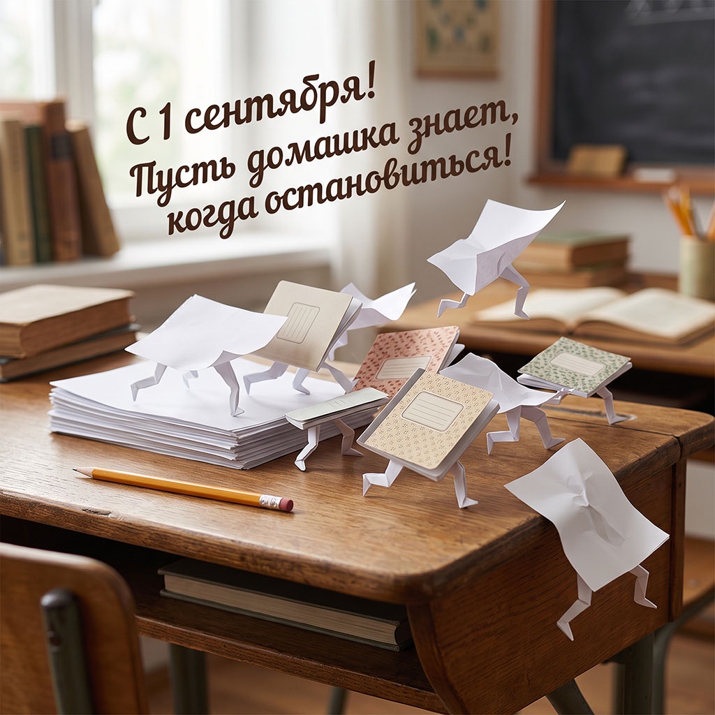 Прикольная открытка с тетрадями, чистыми листами на парте и текстом: "С 1 сентября! Пусть домашка знает, когда остановиться!"