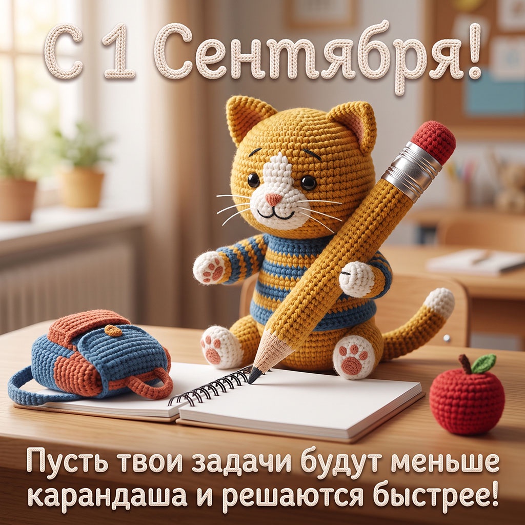 Открытка со связанным из пряжи котом на парте и текстом: "С 1 Сентября! Пусть твои задачи будут меньше карандаша и решаются быстрее!"