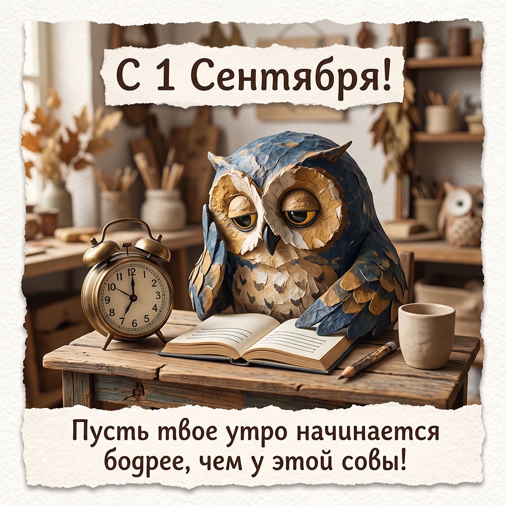 Прикольная открытка с сонной совой из папье-маше, будильником и текстом: "С 1 Сентября! Пусть твое утро начинается бодрее, чем у этой совы!"