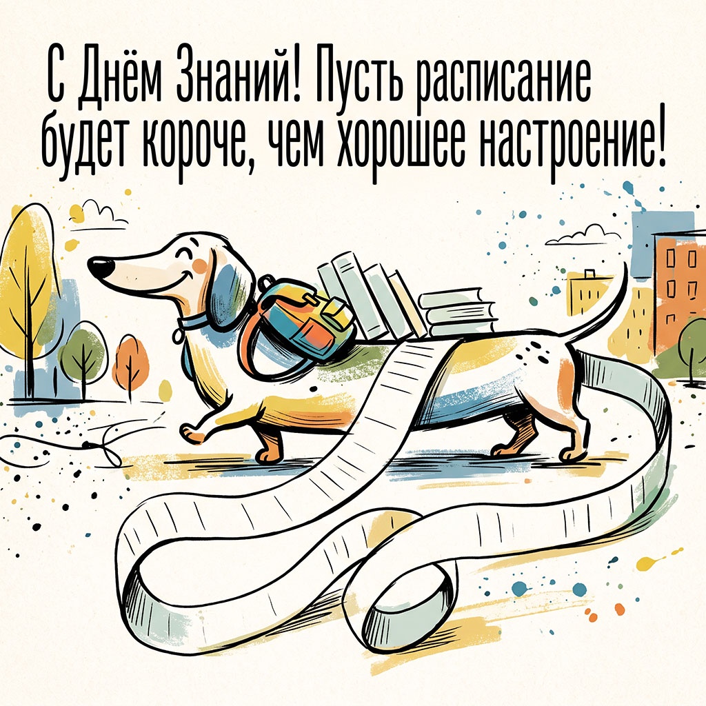 Прикольная открытка с улыбающейся таксой с рюкзаком и текстом: "С Днем знаний! Пусть расписание будет короче, чем хорошее настроение!"