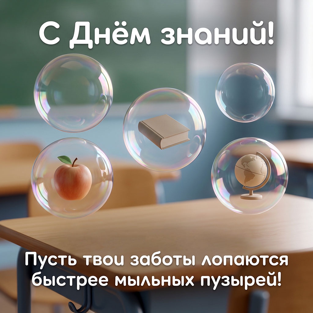 Прикольная открытка с мыльными пузырями, летящими в учебном классе, и текстом: "С Днем знаний! Пусть твои заботы лопаются быстрее мыльных пузырей!"