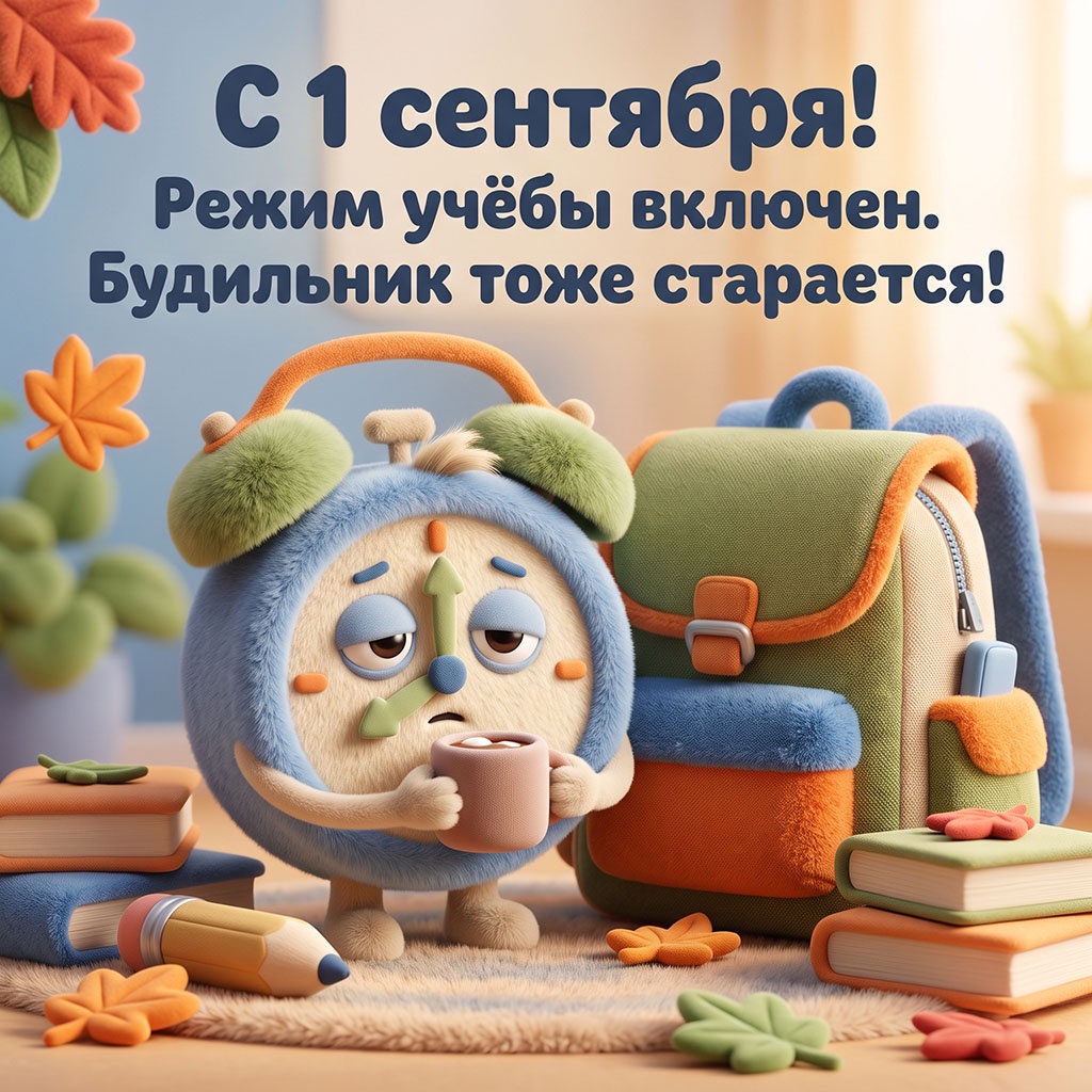 Прикольная открытка с плюшевым будильником, рюкзаком и текстом: "С 1 сентября! Режим учебы включен. Будильник тоже старается!"
