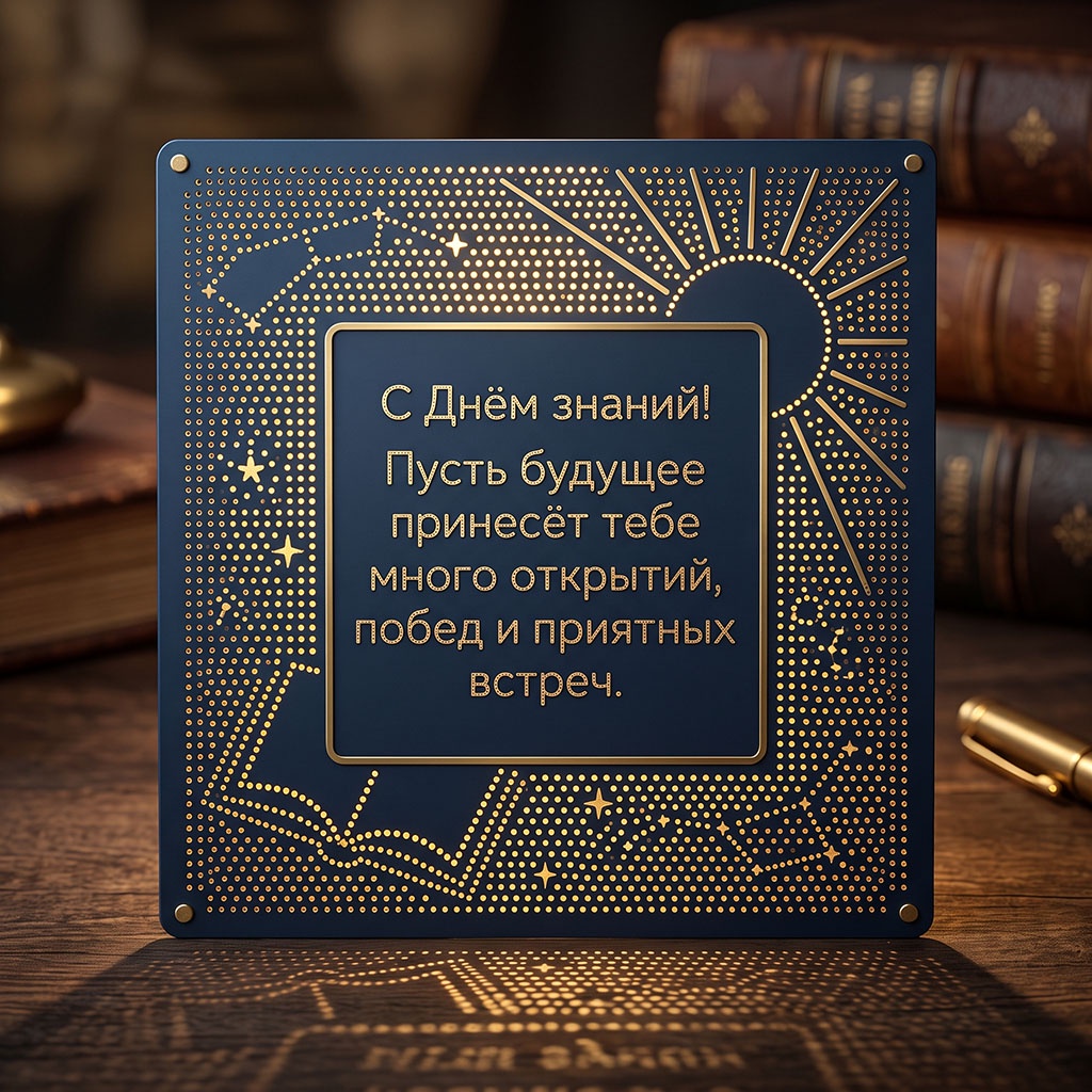 Открытка с созвездиями на темном фоне и текстом: "С Днем знаний! Пусть будущее принесет тебе много открытий, побед и приятных встреч".