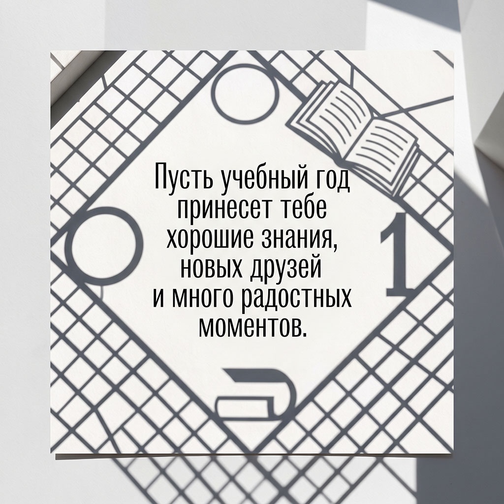 Открытка с тенями и текстом: "Пусть учебный год принесет тебе хорошие знания, новых друзей и много радостных моментов".