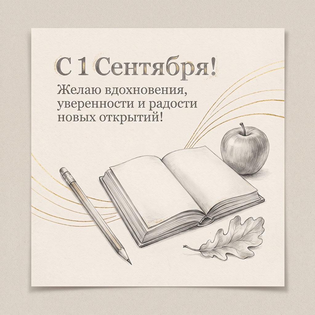 Открытка с книгой, золотыми линиями и текстом: "С 1 Сентября! Желаю вдохновения, уверенности и радости новых открытий!"