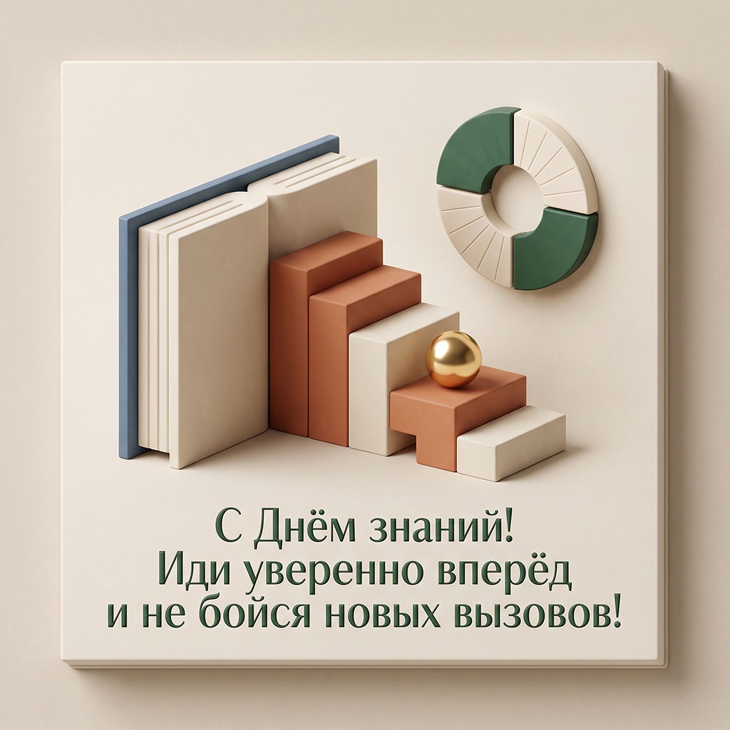 Открытка с арт-объектом в виде книги, лестницы и текстом: "С Днем знаний! Иди уверенно вперед и не бойся новых вызовов!"