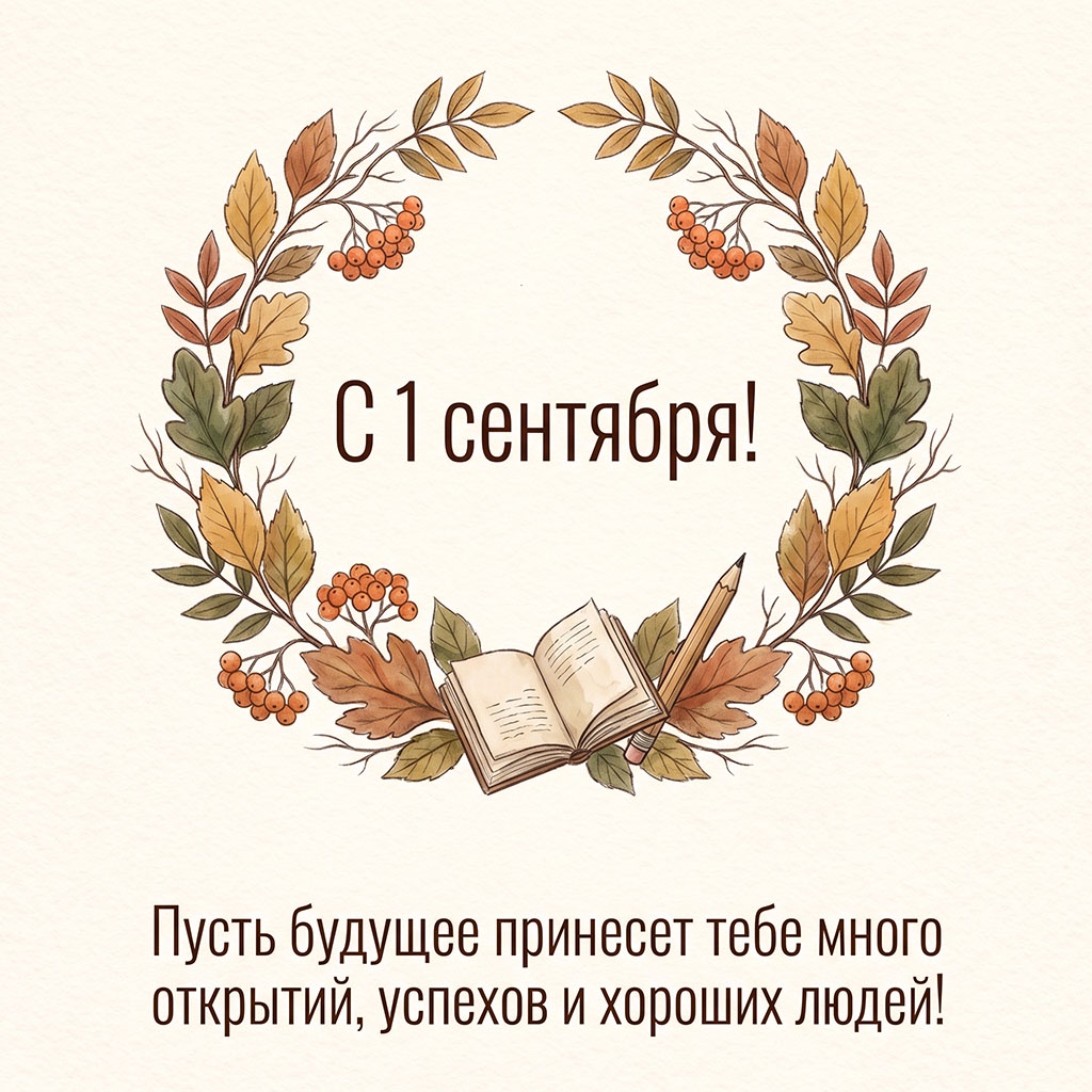 Открытка с венком из осенних листьев, рябины и текстом: "С 1 сентября! Пусть будущее принесет тебе много открытий, успехов и хороших людей!"