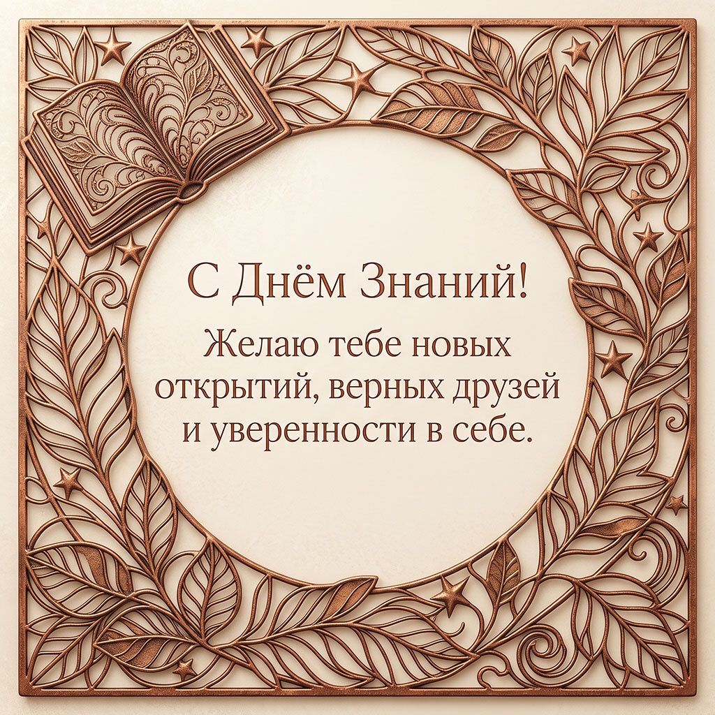 Открытка с металлическим узором и текстом: "С Днем Знаний! Желаю тебе новых открытий, верных друзей и уверенности в себе".