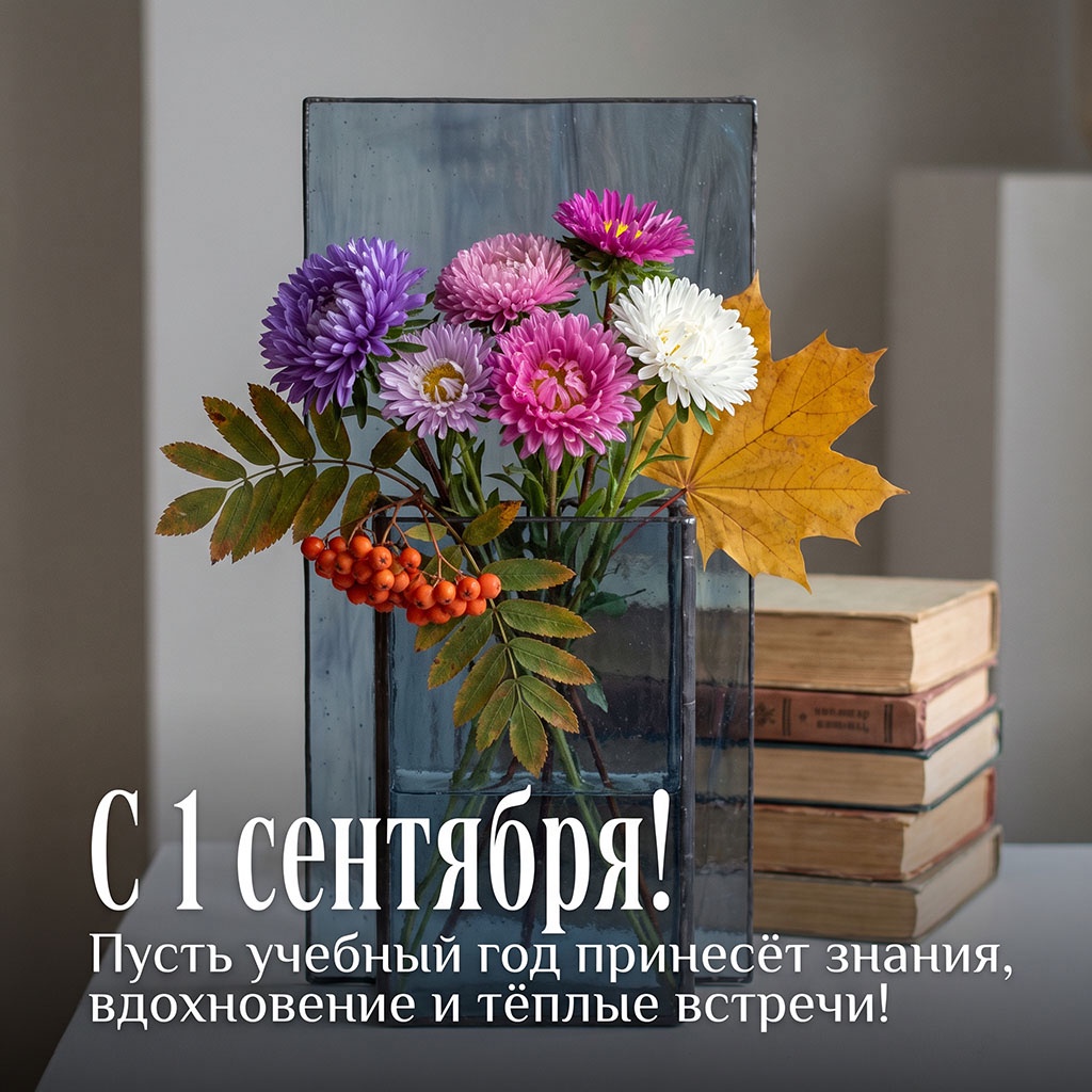 Открытка с букетом из хризантем и листьев в вазе и текстом: "С 1 сентября! Пусть учебный год принесет знания, вдохновение и теплые встречи!"
