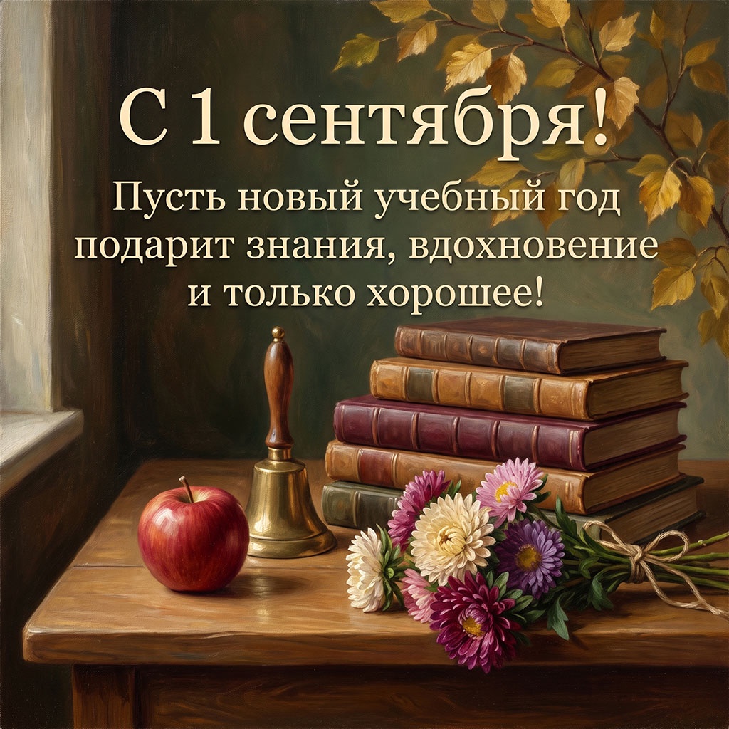 Художественная открытка с натюрмортом с книгами, школьным колокольчиком и текстом: "С 1 сентября! Пусть новый учебный год подарит знания, вдохновение и только хорошее!"