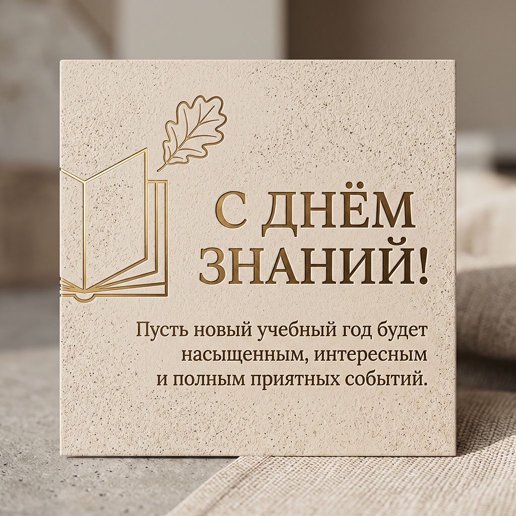 Открытка с золотой контурной книгой и текстом: "С Днем знаний! Пусть новый учебный год будет насыщенным, интересным и полным приятных событий".