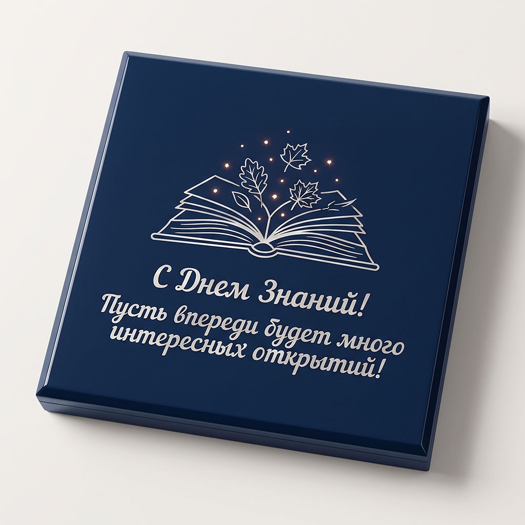 Открытка с раскрытой книгой на темно-синем фоне и текстом: "С Днем Знаний! Пусть в жизни будет много интересных открытий!"