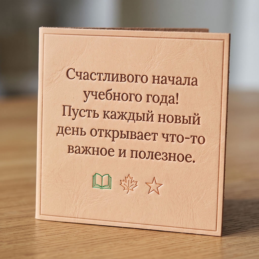 Открытка из кожи с текстом: "Счастливого начала учебного года! Пусть каждый новый день открывает что-то важное и полезное".