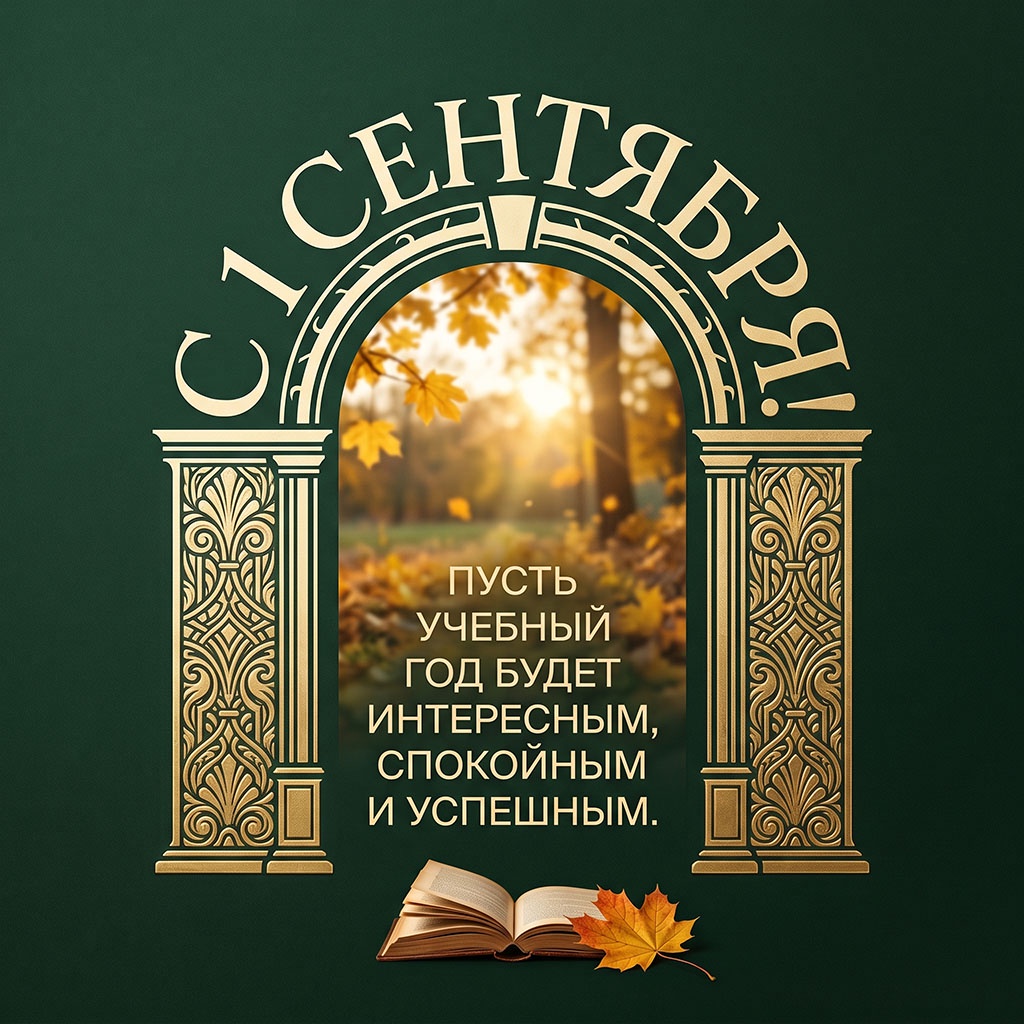 Открытка с аркой на зеленом фоне, осенним парком и текстом: "С 1 сентября! Пусть учебный год будет интересным, спокойным и успешным".