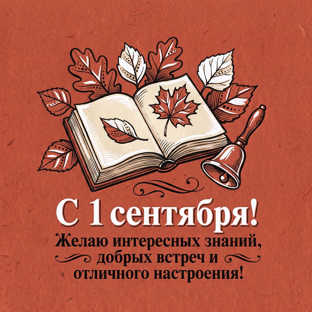 Открытка с книгой, осенними листьями на красном фоне и текстом: "С 1 сентября! Желаю интересных знаний, добрых встреч и отличного настроения!"
