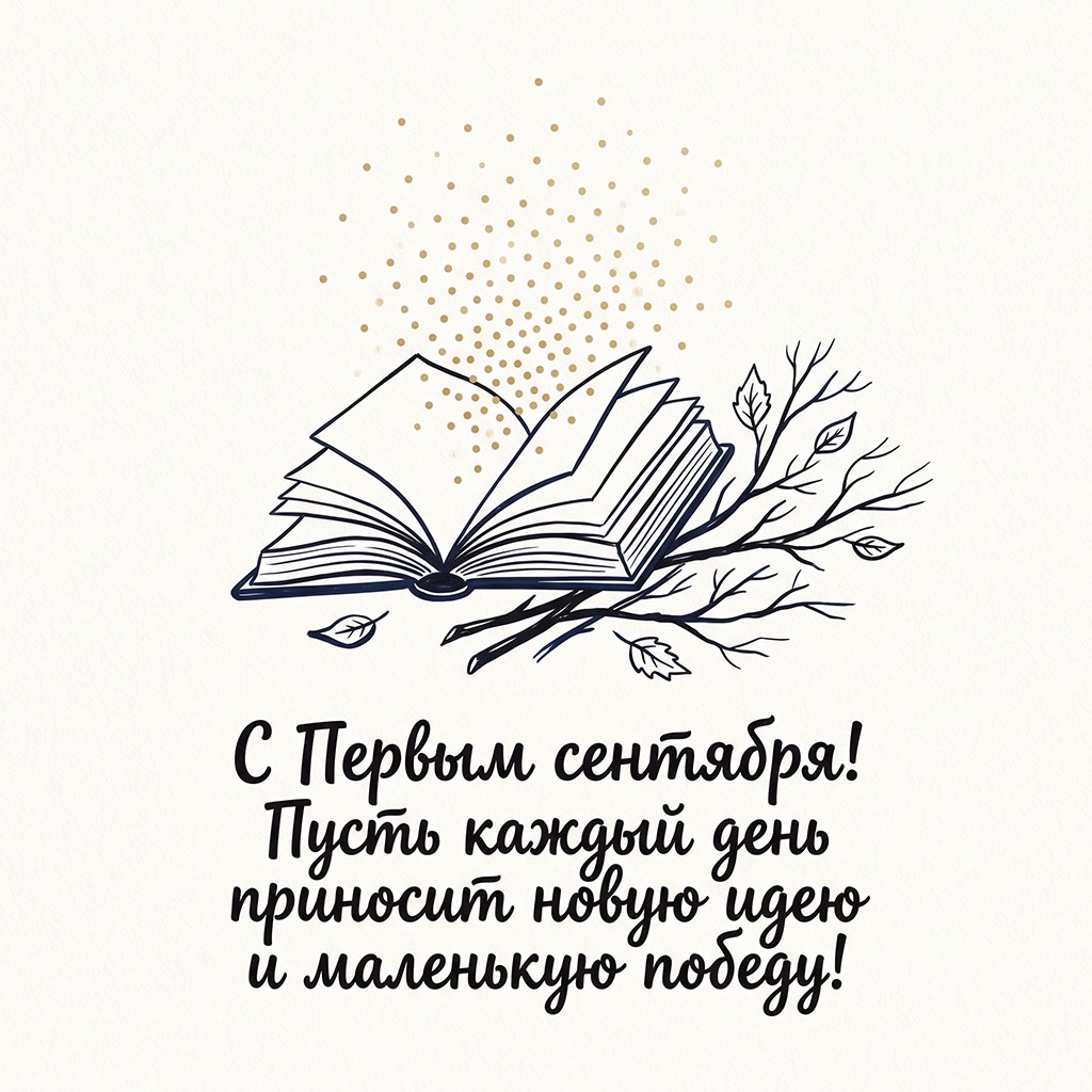 Открытка с книгой, ветками и текстом: "С Первым сентября! Пусть каждый день приносит новую идею и маленькую победу!"