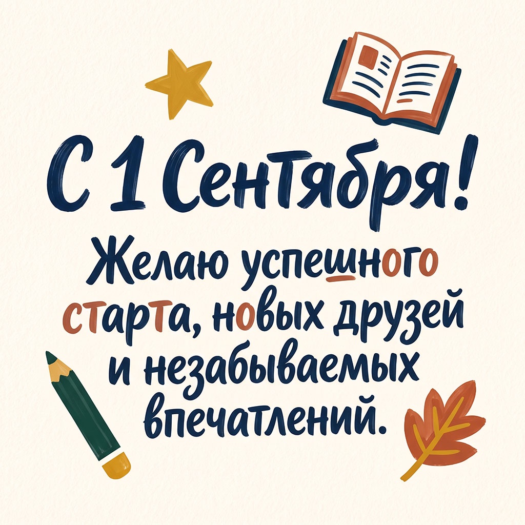 Открытка в акварельной технике с текстом: "С 1 Сентября! Желаю успешного старта, новых друзей и незабываемых впечатлений".