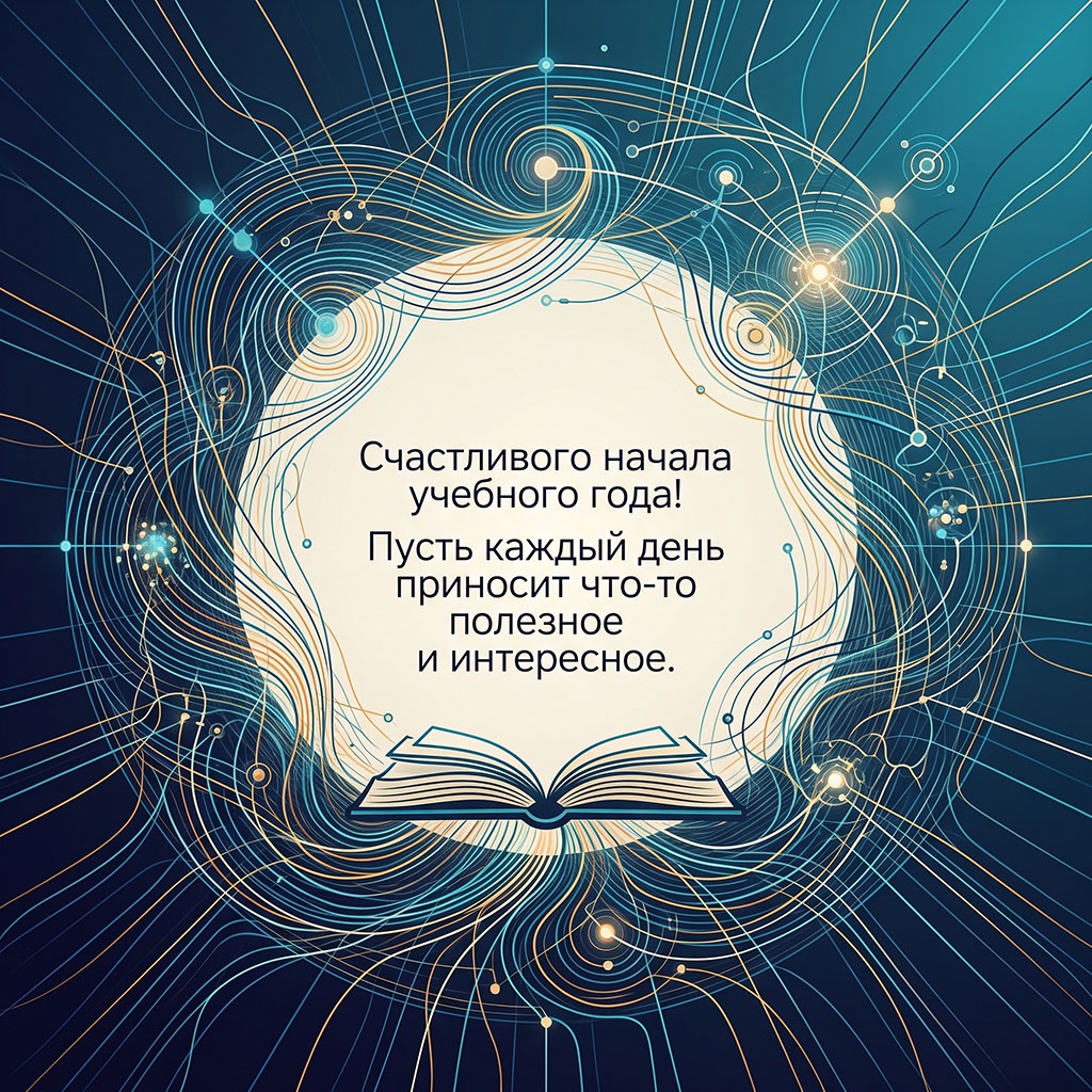Открытка с футуристической планетой, выполненной из линий, и текстом: "Счастливого начала учебного года! Пусть каждый день приносит что-то полезное и интересное".