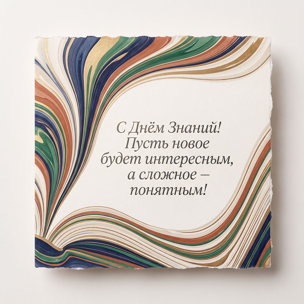 Открытка с абстрактными страницами и текстом: "С Днем Знаний! Пусть новое будет интересным, а сложное - понятным!"