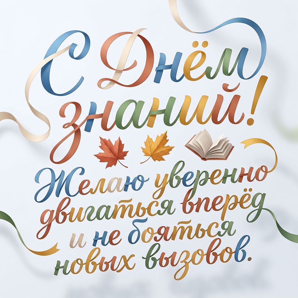 Открытка с лентами и текстом: "С Днем знаний! Желаю уверенно двигаться вперед и не бояться новых вызовов".