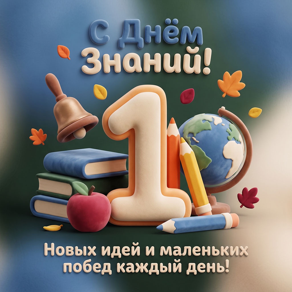 Открытка с плюшевой цифрой 1, школьными принадлежностями и текстом: "С днем знаний! Новых идей и маленьких побед каждый день!"